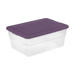 Sterilite Stackable 16 Quart Clear Home Storage Box with Handles and Purple Lid for Efficient Household Storage and Organization, (24 Pack)