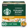 Starbucks K-Cup Coffee Pods, Starbucks Blonde Roast Coffee, Veranda Blend for Keurig Brewers, 100% Arabica, 6 boxes (60 pods total)