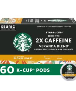Starbucks K-Cup Coffee Pods, Starbucks Blonde Roast Coffee With 2X Caffeine Veranda Blend, 100% Arabica, 6 Boxes (60 Pods Total)