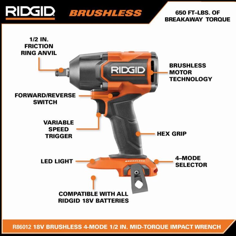 RIDGID R86012B 18V Brushless Cordless 4-Mode 1/2 in. Mid-Torque Impact ...