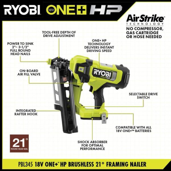 RYOBI PBL345B ONE+ HP 18V Brushless Cordless AirStrike 21° Framing