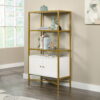 Sauder Curiod Gold Metal Bookcase with 3 Glass Shelves and Storage, White Finish
