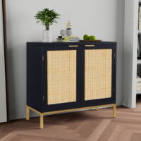 Mid-Century 2-Door Sideboards and Buffet Rattan Cabinets, 31.5"W Black Accent Storage Chest with Shelf Credenzas for Living Room Entryway Dining Room, H0047
