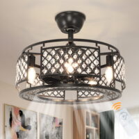 DingLiLighting Industrial Crystal Ceiling Fan with Light and Remote,Farmhouse Chandelier Ceiling Fan for Bedroom,Living Room,Low Profile,3 Wind Speeds,18" Indoor/Outdoor, 5*E12 Base