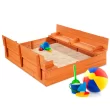 Best Choice Products 47x47-Inch Kids Wooden Outdoor Sandbox w 2 Foldable Bench Seats, Sand Protection, Liner - Brown