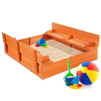 Best Choice Products 47x47-Inch Kids Wooden Outdoor Sandbox w 2 Foldable Bench Seats, Sand Protection, Liner - Brown