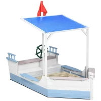 Outsunny Kids Sandbox with Canopy, Wooden Sandbox Backyard Toy, Pirate Ship Sandbox for Up to 4 Kids, Outdoor Activity Boat Toy, 82.75" x 43.25", Blue