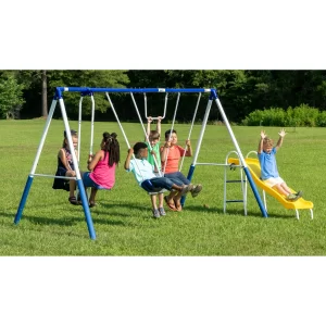 XDP Recreation Play All Day Metal A-Frame Swing Set with Fun Glider, Swings, Trapeze, and Slide