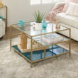 Sauder Coral Cape Square Glass Coffee Table with Shelves, Satin Gold/Clear