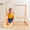 TIRAMISUBEST WFXY297446AAK 4-in-1 Natural Indoor Kids Playset with Climb Ramp, Swing and Slide
