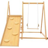 TIRAMISUBEST WFXY297446AAK 4-in-1 Natural Indoor Kids Playset with Climb Ramp, Swing and Slide