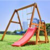 Angel Sar AD000001 Kids Wooden Swing Set with Slide, Outdoor Playset Backyard Activity Playground Climb Swing Set