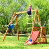 Angel Sar AD000001 Kids Wooden Swing Set with Slide, Outdoor Playset Backyard Activity Playground Climb Swing Set