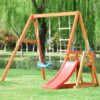 Angel Sar AD000001 Kids Wooden Swing Set with Slide, Outdoor Playset Backyard Activity Playground Climb Swing Set