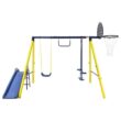 LN20232278 Metal Outdoor Swing Set with Climbing Wall, Cover, Swing, and Tower Steel Frame, Swing n' Slide, Basketball Hoop
