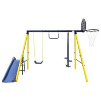 LN20232278 Metal Outdoor Swing Set with Climbing Wall, Cover, Swing, and Tower Steel Frame, Swing n' Slide, Basketball Hoop