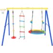 LN20232281 Metal Outdoor Swing Set with Steel Frames, Climbing Rope, Disc Tree Swing Playset and Basketball Hoop in Yellow