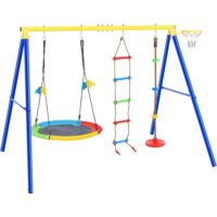 LN20232333 Metal Outdoor Swing Set with Disc Tree Swing Playset and Basketball Hoop