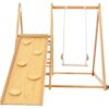 LN20232408 4-in-1 Natural Indoor Wooden Swing and Slide Set with Rock Climb Ramp