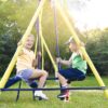 TIRAMISUBEST MS2XY81008AAC Outdoor Utility Metal 5 in 1 Swing Set with 2 Swing, 1 Horizontal Bar, 1 Slide Set and 1 Basketball Hoop