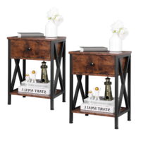 ZENSTYLE Set of 2 End Table Sofa Side Tables with X-Design Metal Frame for Bedroom Home Brown