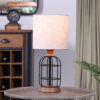 Mainstays Black Metal Cage Table Lamp with Wood Accents and Drum Shade, bulb included, 17"