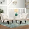 Andeworld Set of 2 Accent Chair for Living Room Bedroom Upholstered Tufted Curved Backrest Casual Fabric Chairs with Wood Legs Cream