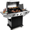 Highsound 3-Burner Propane Gas Grill with Side Burner, Porcelain-Enameled Cast Iron Grates 34,000BTU Outdoor Cooking Stainless Steel BBQ Grills Cabinet