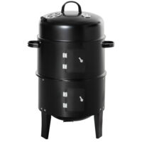 Outsunny Vertical Charcoal BBQ Smoker, 3-in-1 16" Round Charcoal Barbecue Grill with 2 Cooking Area, and Thermometer for Outdoor Camping Picnic Backyard Cooking, Black