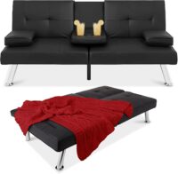 Best Choice Products Faux Leather Upholstered Modern Convertible Folding Futon Sofa Bed for Compact Living Space, Apartment, Dorm, Bonus Room w/Removable Armrests, Metal Legs, 2 Cupholders - Black