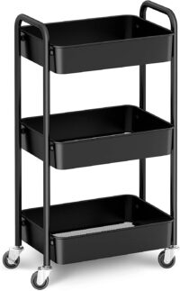 CAXXA 3-Tier Rolling Metal Storage Organizer - Mobile Utility Cart, Kitchen Cart with Caster Wheels (Black)