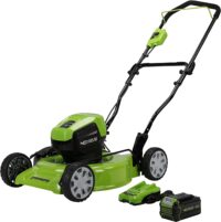 Greenworks 40V 19" Brushless (2-In-1) Lawn Mower, 4Ah USB (Power Bank) Battery and Charger Included MO40L414