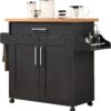 Hodedah Kitchen Island with Spice Rack, Towel Rack & Drawer, Black with Beech Top