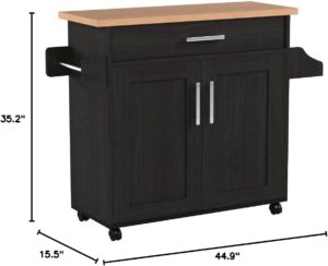 Hodedah Kitchen Island with Spice Rack, Towel Rack & Drawer, Black with Beech Top