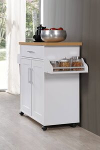 Hodedah Kitchen Island with Spice Rack, Towel Rack & Drawer, White with Beech Top, 15.5 x 35.5-44.9 x 35.2 inches Hodedah Kitchen Island with Spice Rack, Towel Rack & Drawer, White with Beech Top, 15.5 x 35.5-44.9 x 35.2 inches