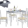 VECELO Kitchen Dining Room Table and Chairs 4, 5-Piece Dinette Sets, Space Saving (Silver), Silvery