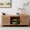 My Texas House Emma Wood and Cane TV Stand for TVs up to 65 inches, Light Oak, 5 minute Assembly
