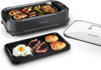 Indoor Smokeless Grill, Techwood 1500W Electric Grill with Tempered Glass Lid, Electric Portable Korean BBQ Grill, Dual Removable Griddle & Grill Plates, Dishwasher-Safe, Gray