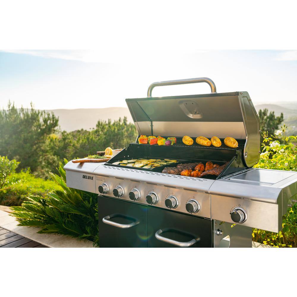 Nexgrill 730 0896GH Deluxe 6 Burner Natural Gas Grill in Black with Ceramic Searing Side Burner and Gourmet Plus Cooking System Discounttoday