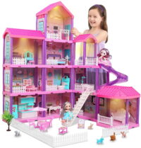 Beefunni 36 inch Dollhouse, with Slide, Dolls and 11 Rooms, Creative Dollhouse Toys for Girls, Gift for 3 to 8 Year Old, Assembly Required