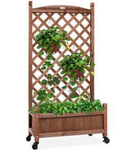 Best Choice Products 60in Mobile Wood Planter Box & Diamond Lattice Trellis, w/ Drainage Holes, Optional Wheels - Walnut
