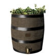 RTS Home Accents Polyethylene 35 Gallon Round Rain Barrel with Planter, Woodgrain with Black Stripes Color
