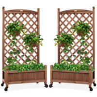 Best Choice Products Set of 2 48in Wood Planter Box & Diamond Lattice Trellis, w/ Drainage, Optional Wheels - Walnut