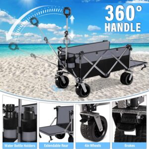 Beach Wagon with Big Wheels & Brake 180L Heavy Duty Collapsible Wagon Cart Utility with Extending Tailgate for Sand Camping Pets Outdoor Garden Works Shopping
