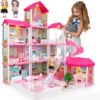 Doll House Kit,Dollhouse with Lights, Slide, Pets and Dolls, DIY Pretend Play Building Playset Toys