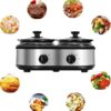 Double Slow Cooker, Buffet Servers and Warmers, Dual 2 Pot Slow Cooker Food Warmer, Adjustable Temp Dishwasher Safe Removable Ceramic Pot Glass Lid, 2 x 1.25 QT Portable Small Crock Cooker