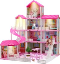 HCFJEH Dollhouse Play House for Girl, Doll House with Lights & Two Dolls & Furniture Accessories
