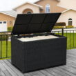 Waroom Outdoor Wicker Storage Box, 150gal Waterproof Deck Bin with Steel Frame and Lid, Black