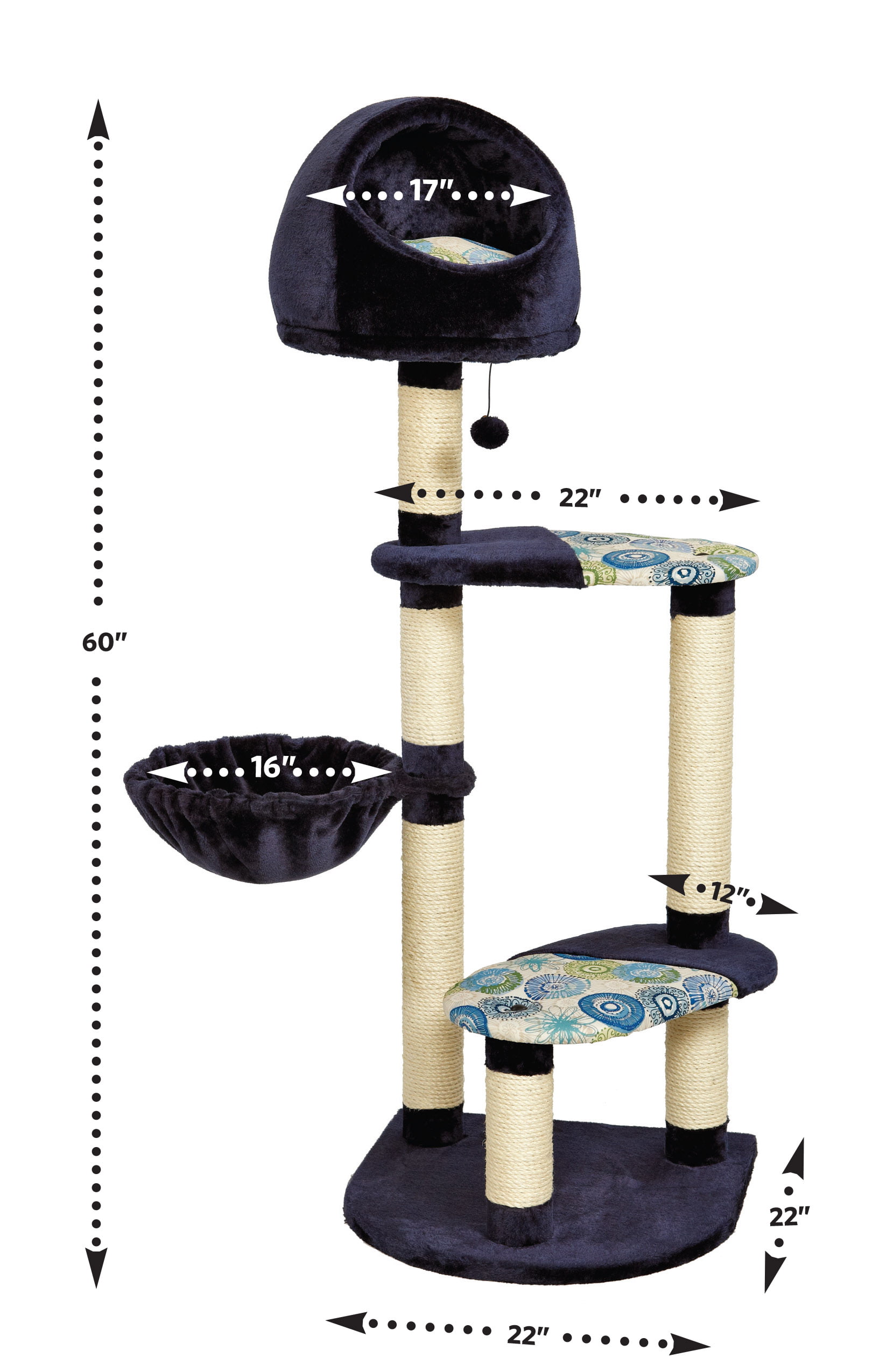 0a50893d-59e0-469b-a227-1f6ed754ef7a_1.8b80ed843e608beeb7786d87f0fb7cb5.jpeg Cat Tree | "Resort" Cat Tree / Cat Furniture, 4-Tier Cat Tree w/ Sisal Wrapped Cat Scratching Support Posts, Hanging Cat Bunker Bed & High Canopy Cat Perch, Blue / White Pattern, Large Cat Tree