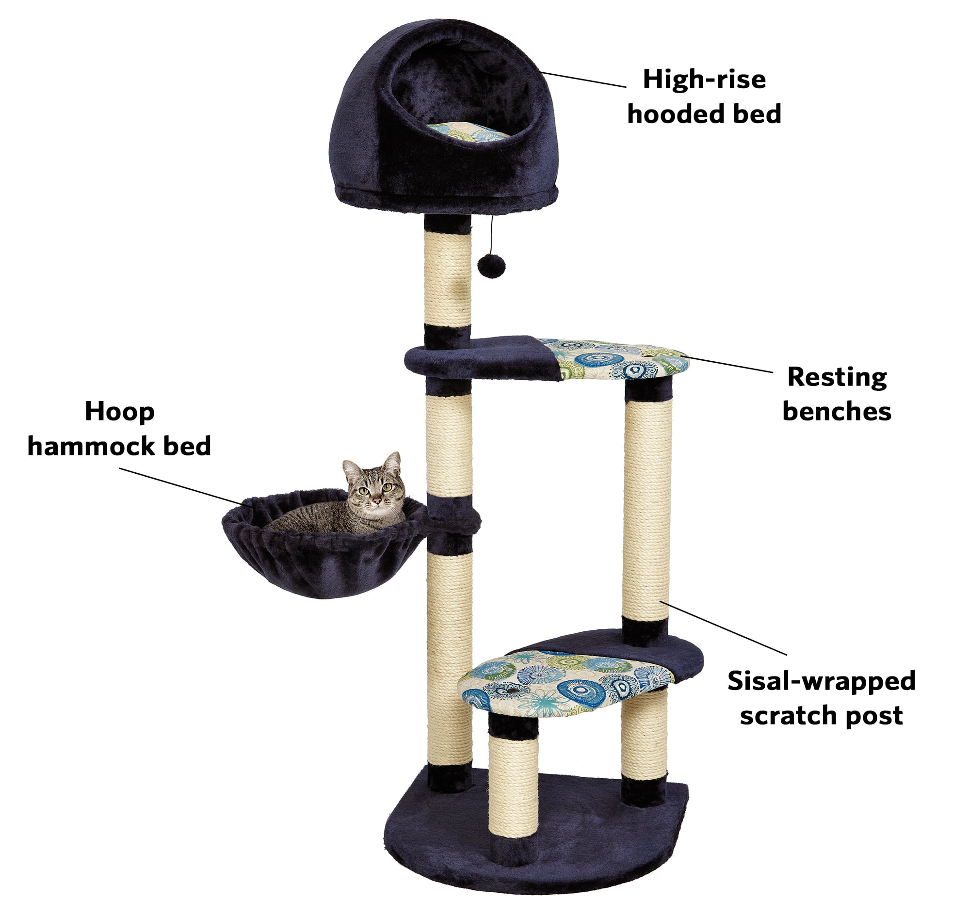 0efaa362-29ed-4213-8105-ad4abb1265d3_1.21e145e015fd37727f6df8d5b1b1f136.jpeg Cat Tree | "Resort" Cat Tree / Cat Furniture, 4-Tier Cat Tree w/ Sisal Wrapped Cat Scratching Support Posts, Hanging Cat Bunker Bed & High Canopy Cat Perch, Blue / White Pattern, Large Cat Tree
